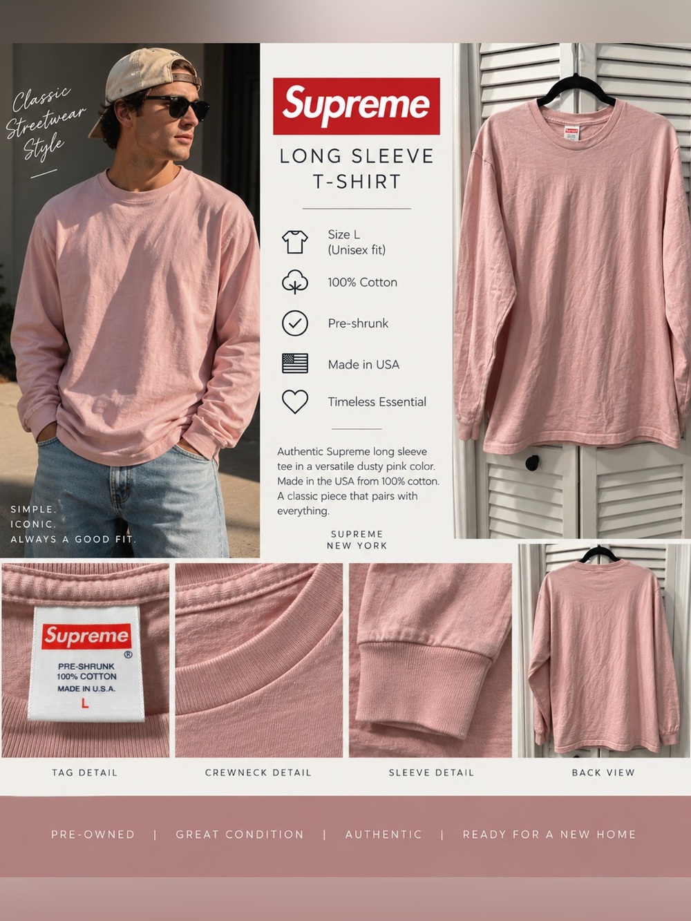 Supreme Pink Long Sleeve T-Shirt Size L 100% Cotton Made in USA